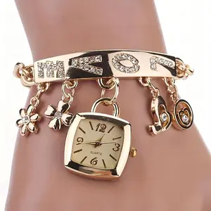 Ladies' watch with rhinestone inlaid chain bracelet and flower pendant, it is a perfect gift Modern Fashionable Wristwatch