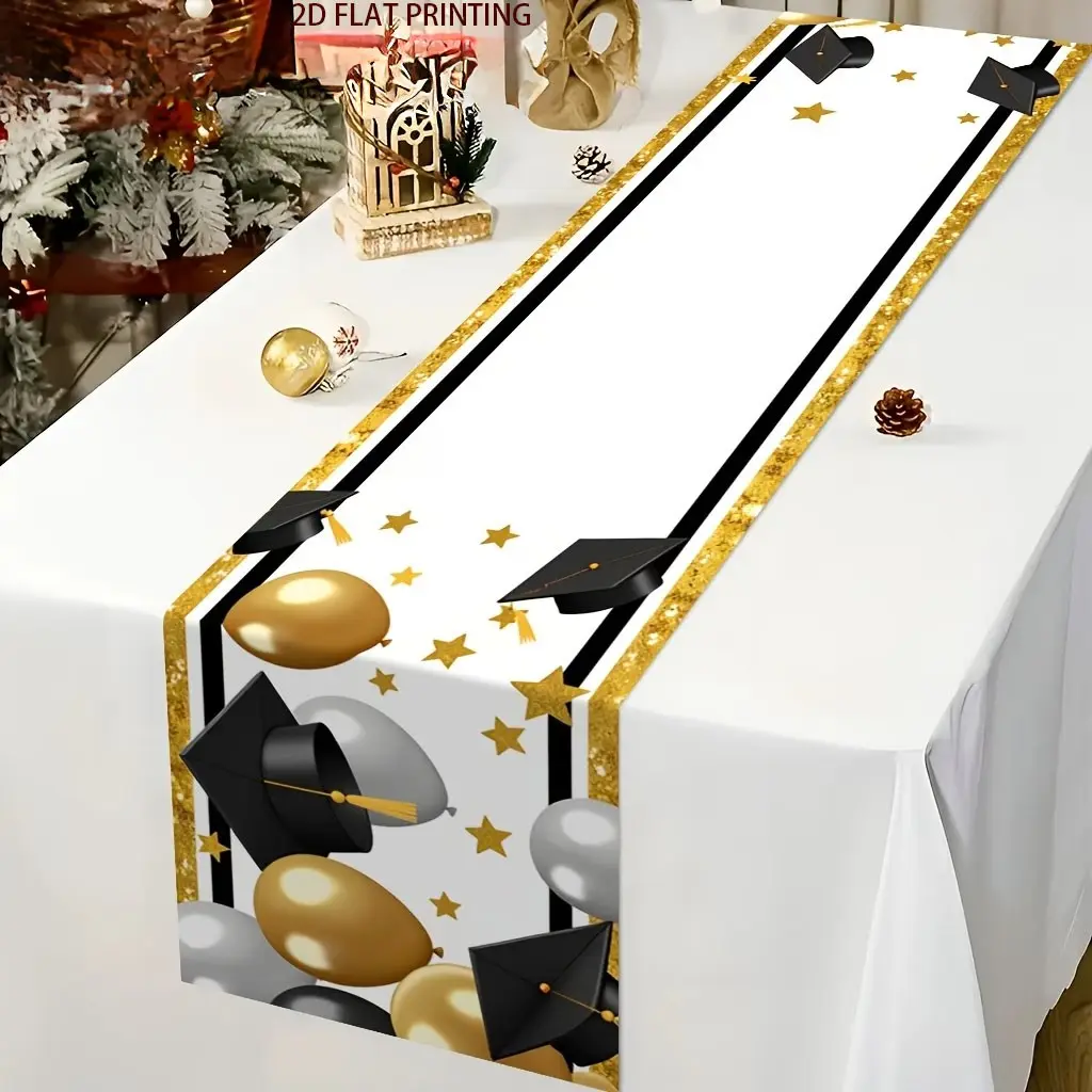 1 2D table flag, graduation theme balloon banner background decoration linen table flag, holiday party tablecloth, holiday desktop decoration fabric table flag, home decoration, dining table decoration, gifts