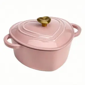 Enameled Cast Iron Dutch Oven Heart-Shaped Pot With Lid, Dual Handles, Works On All Stovetops, Oven Safe To 500°F, 2-Quart, Pink