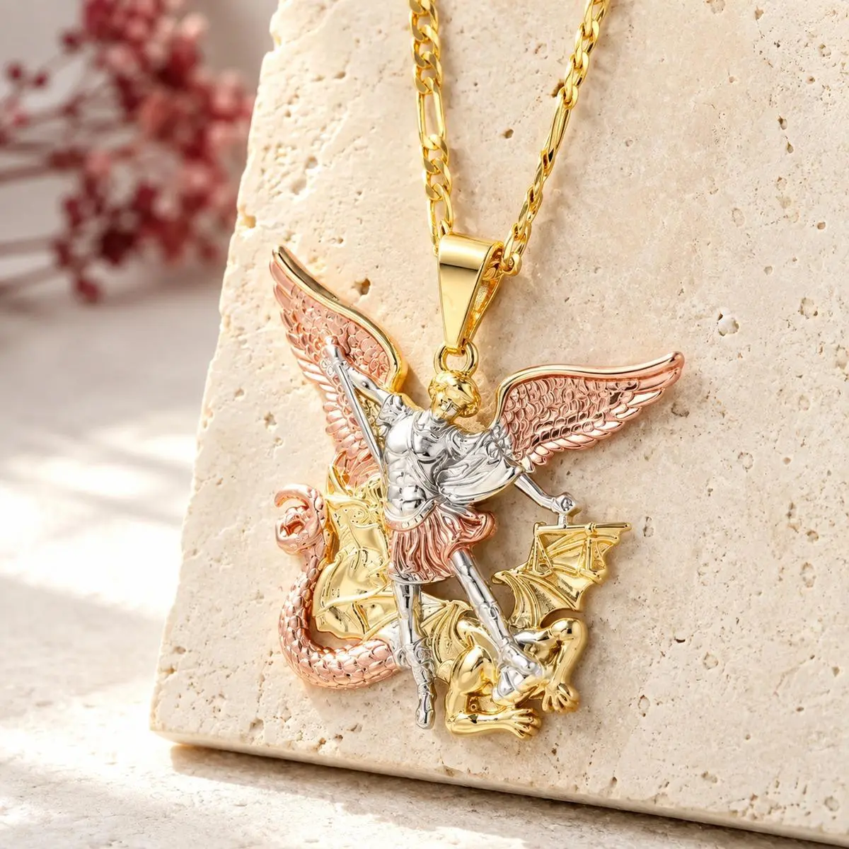 Unisex tri-tone Saint Michael pendant necklace with gold Figaro chain, vintage religious angel and dragon jewelry for everyday wear and gifts
