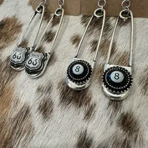 Western Pin Drop Dingle Earrings, Available in 8-Ball Design or Route 66 Design