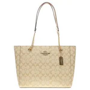 COACH Cammie 32 Classic Monogram Zip Top Chain Handle Tote Bag for Women, Faux Leather, Khaki