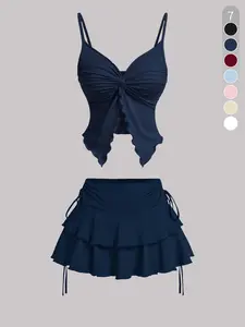 Women's Solid Fitted Ribbed Strappy Sleeveless Twist Front Top & Tie-Side Skirt Set - Airy Casual Style for Summer Adventures