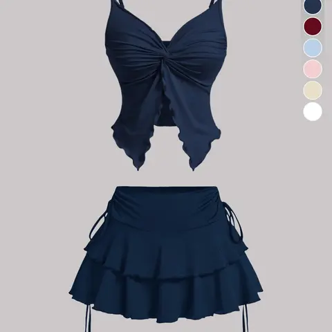 Women's Breathable Casual Solid Fitted Ribbed Strappy Sleeveless Twist-Front Top & Tie-Side Skirt Set Feminine Clothes