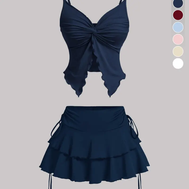 Women's Breathable Casual Solid Fitted Ribbed Strappy Sleeveless Twist-Front Top & Tie-Side Skirt Set Feminine Clothes