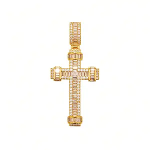 Cuban Chain with Cross Pendant for Men Gold Color Stainless Steel Crystal Hip Hop Miami Bling Jewelry