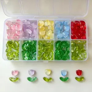 100-Piece Glass Tulip Beads & Leaves DIY Craft Kit, Bead Assortment for Jewelry Making, Perfect Gift for Crafters
