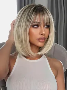 Short Straight Bob Wig Heat Resistant Fiber Ombre Fringe Wig for Daily Use, 12inch
