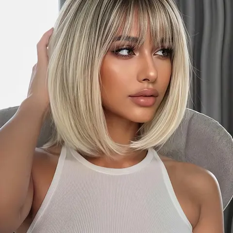 Short Straight Heat Resistant Fiber Ombre Fringe Wig for Daily Use, 12inch No Glue Wig Glueless Wig Straight Bob Wigs