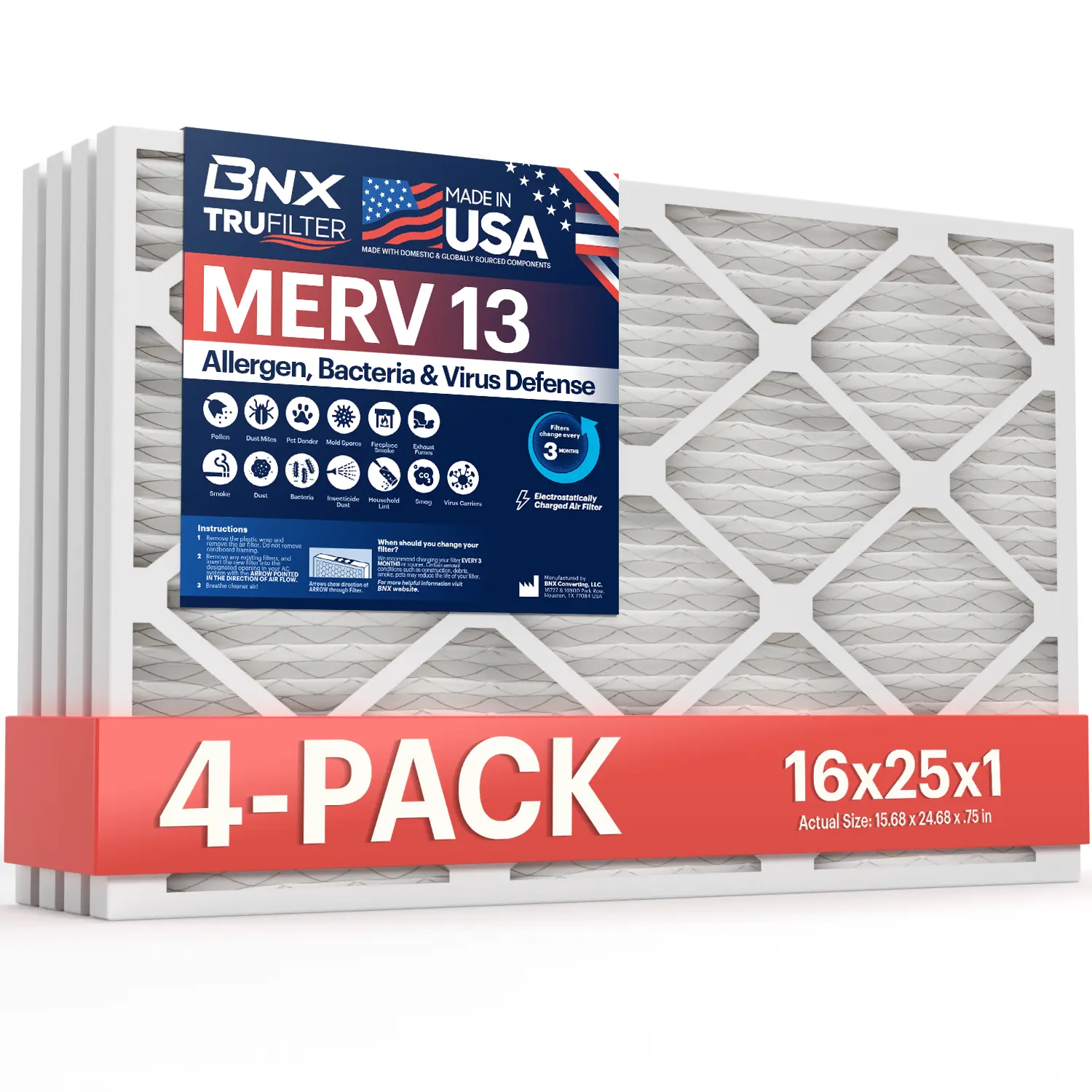 BNX TruFilter 16x25x1 MERV 13 Electrostatic Pleated Air Filter (4-Pack) - MADE IN USA - HVAC AC Furnace Air Conditioner Filters for Allergies, Smoke - MPR 1900 FPR 10, Fits HVAC Systems