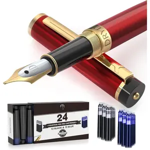 Fountain Pen - Medium Nib, Includes 24 Ink Cartridges (12 Black & 12 Blue), Ink Refill Converter, Royal Red, Calligraphy Pen for Consistent Writing