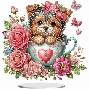 2D Flat Teacup Puppy Print DIY Diamond Painting Tabletop Ornaments Kit Table Top Diamond Painting Ornament Kits for Home Office Desktop Decor