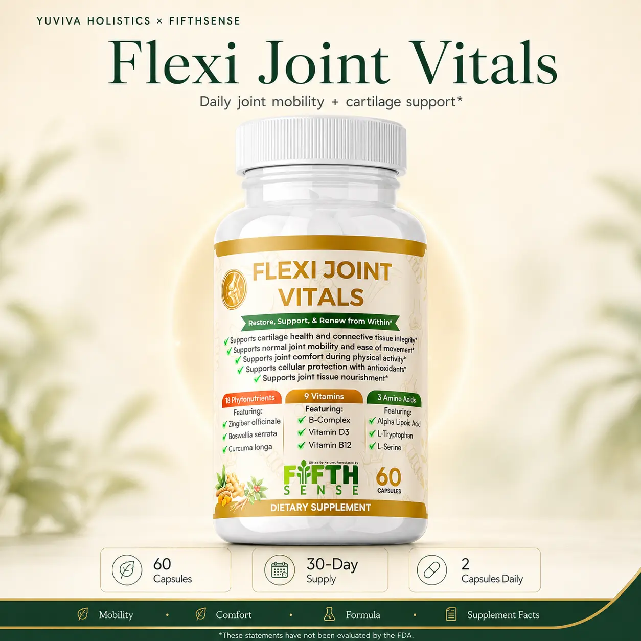 Flexi Joint Vitals by FifthSense | 18 Pythonutrients | 9 Vitamins | 3 Amino-Acids |Boswellia, Turmeric, Ginger, Magnesium & Vitamin D3 | 60 Capsules
