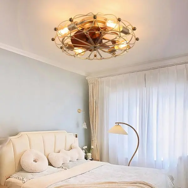 Garwarm Low Profile Caged Ceiling Fan, Embedded Modern Industrial Fan Light, 6 Speeds, Reversible Blades Ceiling Fan with Lights for Bedroom,Living Room,Study