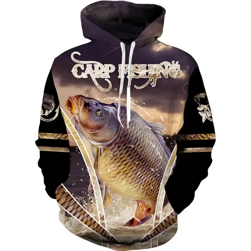 Menswear Men's 3D Carp Print Longsleeves Hoodie - Polyester Pullover, Customizable Hooded Sweatshirt for Outdoor Fishing, Camping, Dhz8m231719s