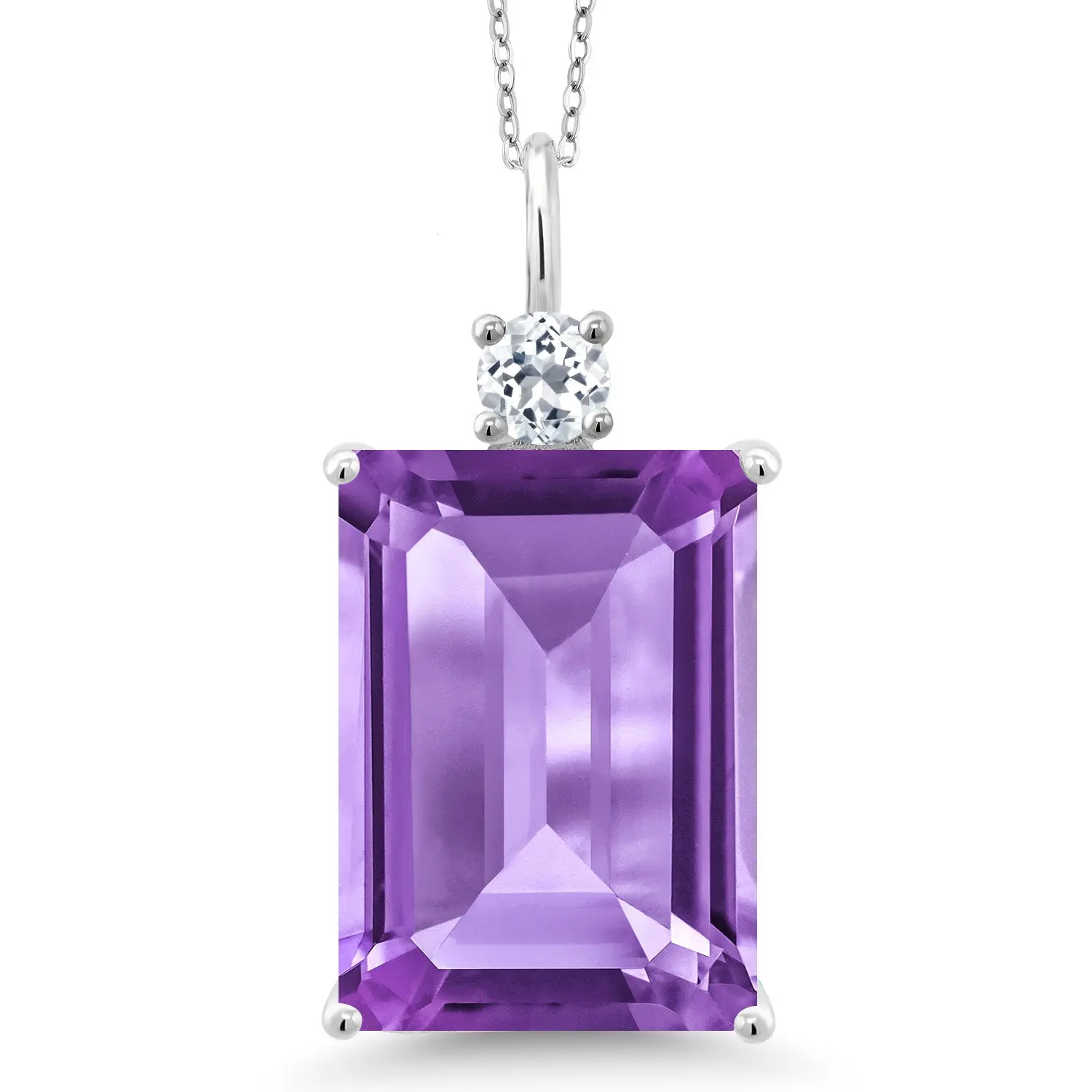 925 Sterling Silver Gemstone Birthstone and White Topaz Pendant Necklace for Women | Emerald Cut 18X13MM and Round 4MM | With 18 Inch Chain | Fine Jewelry for Her Mom Wife