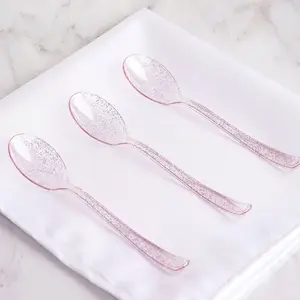 25-Pack Plastic Spoons Transparent Blush Glitter Classic Heavy Duty - Decorative Disposable Tableware 7"