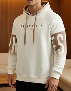 Men's Los Angeles Graphic Color-Block Hooded Sweatshirt - Two-Tone Beige & White Pullover with Adjustable Drawstring Hood, Long Sleeve Casual Winter Wear for Outdoor & Everyday Use, Everyday Pullover |   Graphic Print Sweatshirt |   Durable Casual Wear