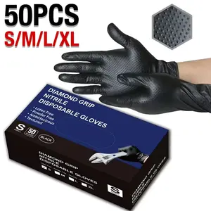 50 pcs, black diamond-patterned nitrile gloves, thickened disposable gloves, non-slip texture, latex-free, powder-free, suitable for car repair, kitchen, bathroom, household cleaning and outdoor cleaning scenarios, Durable Cleaning Gloves