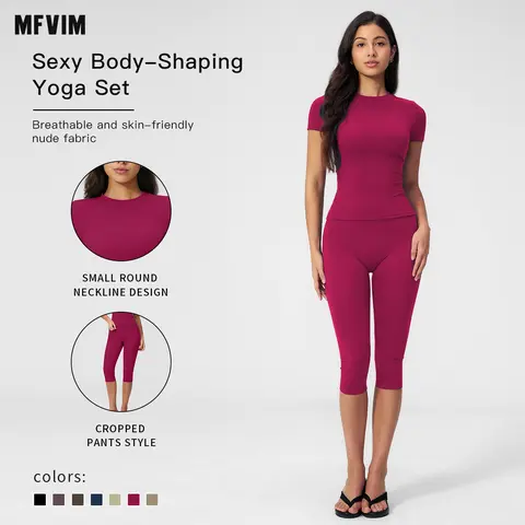 MFVIM Women’s 2-Piece Breathable Body-Shaping Yoga Set - High-Waisted Quick-Dry 3-Quarter Shorts Active Sportswear, Athleisure Yoga Wear, Gym Workout Clothes, Summer Travel Essentials