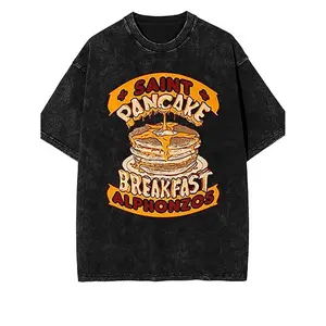Heavyweight Vintage Men's 230gsm Breakfast Graphic T-Shirt with Retro Pancake Print Soft Washed Cotton for Casual Streetwear and Weekend Outings