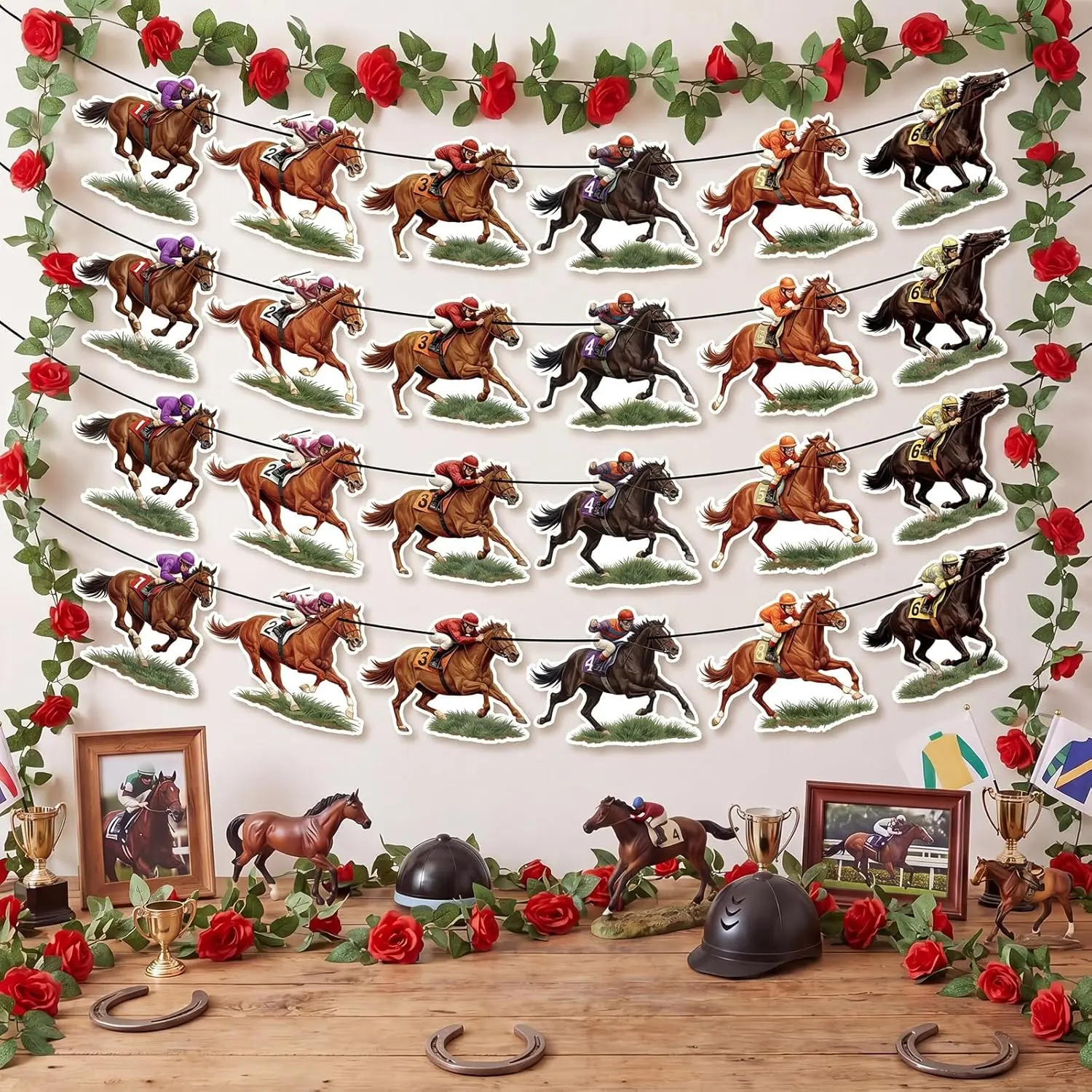 Eaasty 6 Pcs Derby Day Banners with Rose Garlands Horse Racing Party Banner Pre-Assembled Derby Horse Run Banners Decorations for Horses Racing Party Decoration Home Kitchen Dining Room