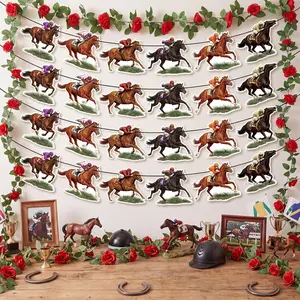 Eaasty 6 Pcs Derby Day Banners with Rose Garlands Horse Racing Party Banner Pre-Assembled Derby Horse Run Banners Decorations for Horses Racing Party Decoration Home Kitchen Dining Room