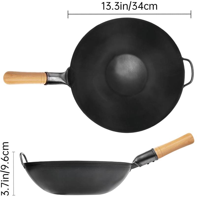 Wooden Handle Iron Wok-Non Stick, Multi-purpose Kitchen Flat Bottomed Pan, Suitable For Gas Stove And Induction Cooker Cooking, Black Finish, Perfect For Deep Frying, Stir Frying, And Cooking