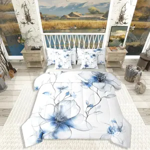 Bohemian Floral Comforter Set with Sheets,Blue Flower 7 Pcs Bedding Set for Women Adults Girls,Chic Watercolor Flower Boho Bed Set,Ink Painting Style Blossom & Leaf Bed in A Bag