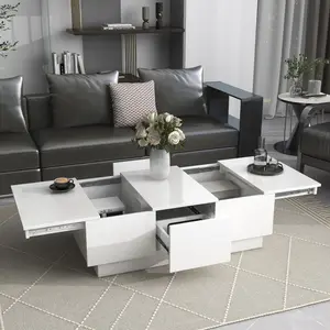 SOIYELIFE White High-Gloss Coffee Table with Hidden Storage & Extendable Top, Modern Design for Living Room, 39.3"x21.6" - Perfect for Space Optimization