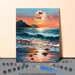 DIY Painting by Numbers Kit, Beach & Moon Pattern DIY Oil Painting without Frame, Wall Art Decor for Home Living Room Bedroom