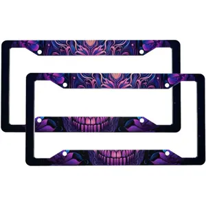 Art Purple Skull Fancy License Plate Frames for Women Men 2 Pack Universal Automotive Aluminum Car License Plate Cover Holders with 4 Holes and Screws Car Accessories Decorative