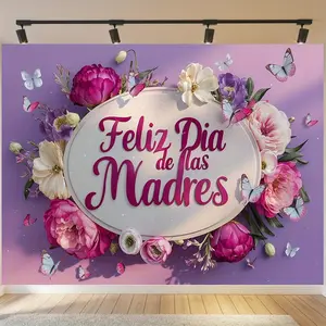 1PC,2D Flat Happy Mother's Day Backdrop, Floral Butterfly Theme Photography Background Cloth, Purple Festival Party Decoration Backdrop, Ideal for Family Gathering Event Decor & Photo Shooting