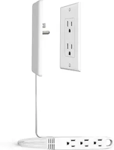 Ultra Flat Plug 3FT Extension Cord Power Strip - 3 Outlets, Patented Detachable Slim Outlet Cover Concealer, 13A 125V 1625W Max, ETL Listed, White