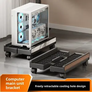 New desktop computer case stand mobile wood grain chassis bracket base with wheels tray for home and office storage rack