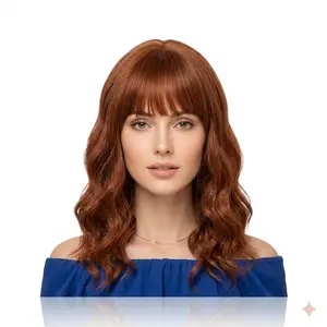 14-Inch Auburn Brown Wigs Curly Bob Wig with Bangs Short Wavy 【Free-part Lace】【Heat Resistant】【Cap Included】 AC HAIR