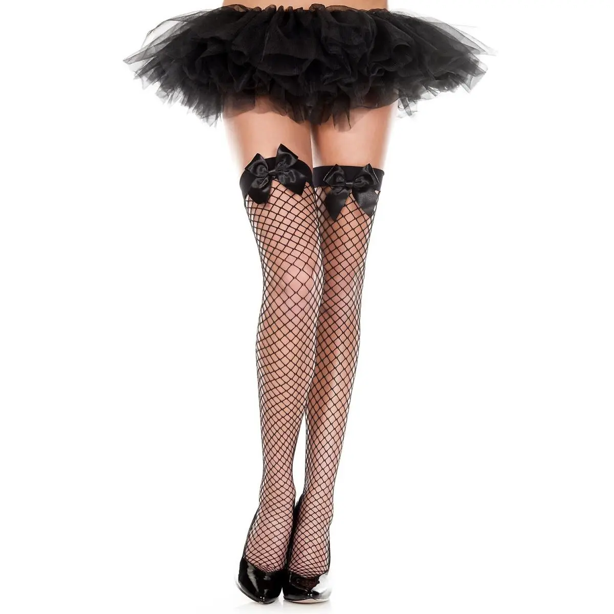 Music Legs Lady Diamond Mesh Satin Bow Top Thigh-High Stockings, Spandex Stretch Lingerie Hosiery in Black, Costume-Fit, Garter/Hosiery, Bow Detail, Spandex Mesh, Thigh-Highs, Fishnet & Garter Stockings, Hosiery Garter, Mini Diamond Net