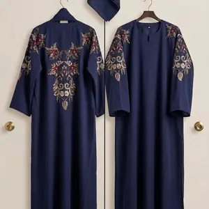 Women's Navy Floral Elegant Traditional Abaya, Modest Women Clothing, Muslim Fashion Modest Dresses, Closed Abaya Robes Size 60