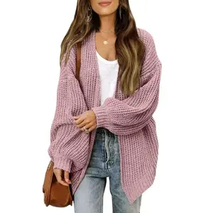 Oversized Lantern Sleeve Sweater Cardigan with Solid Loose Pockets, Long Sleeves – Casual Knitted Cardigan for Women, Autumn/Winter