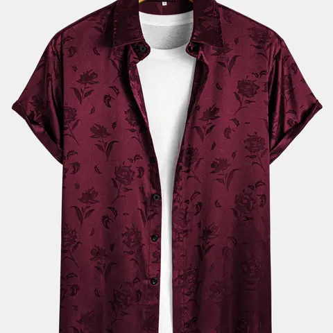 Men's Rose Print Botanical Floral Jacquard Shirt, Regular Fit Short Sleeve Casual Button Collared Top for Summer, Fashion Men's Clothes for Daily Wear, Casual Stylish Menswear, Casual Summer Clothing