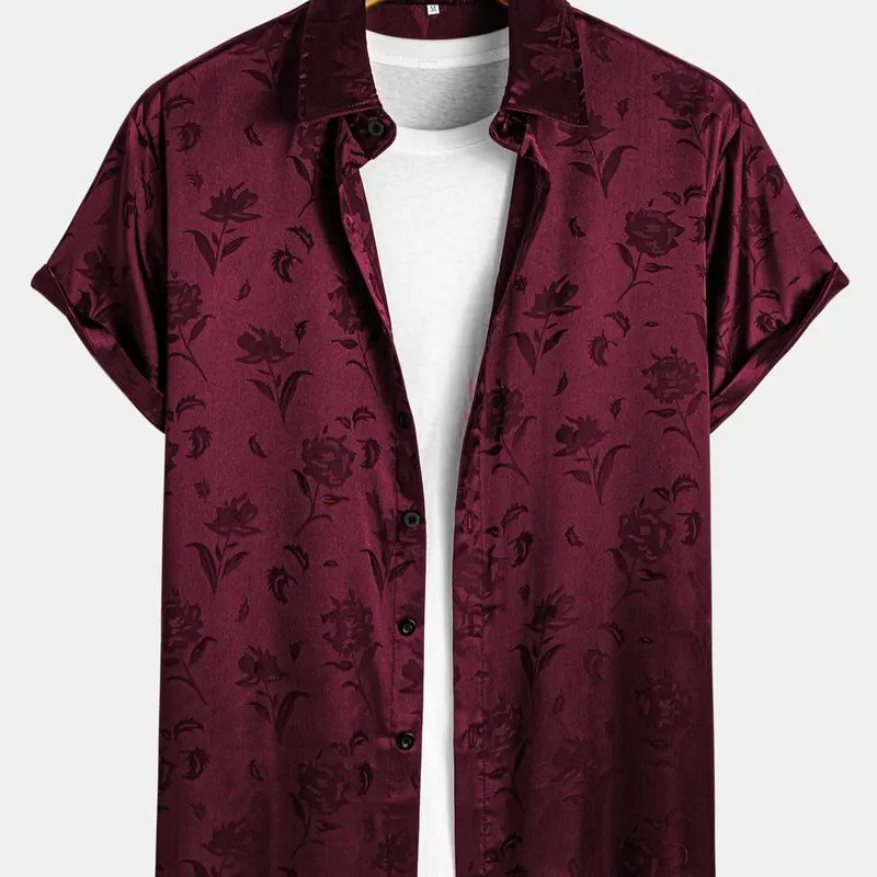 Men's Rose Print Botanical Floral Jacquard Shirt, Regular Fit Short Sleeve Casual Button Collared Top for Summer, Fashion Men's Clothes for Daily Wear, Casual Stylish Menswear, Casual Summer Clothing