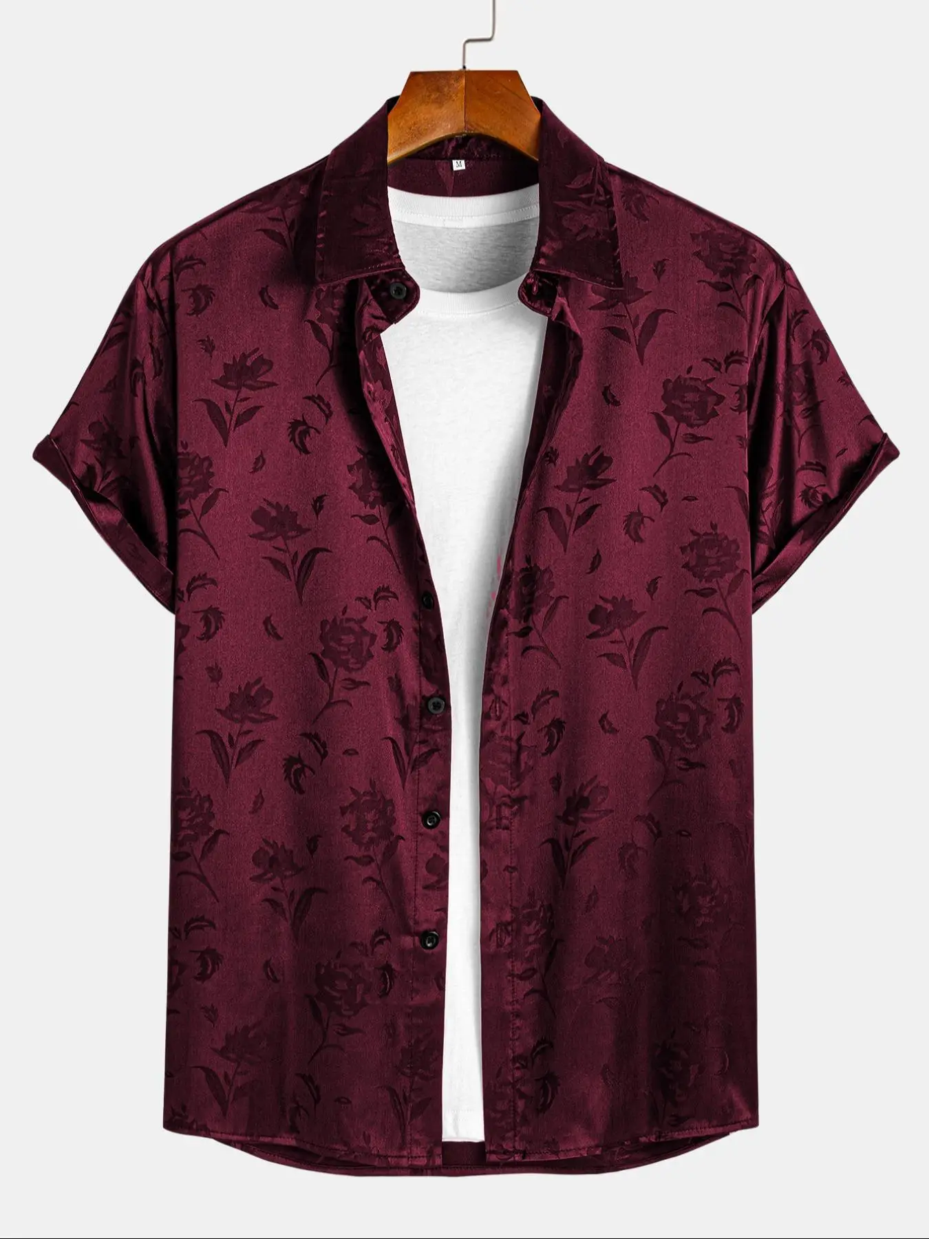 Men's Rose Print Jacquard Shirt, Regular Fit Casual Short Sleeve Collared Top for Summer, Fashion Men's Clothes for Daily Wear