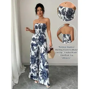 Elegant Women's Strapless Print Romper, Waist-Cinch Wide-Leg Design, Perfect for Vacation & Daily Wear, Stylish One-PieceRAIMENTRY