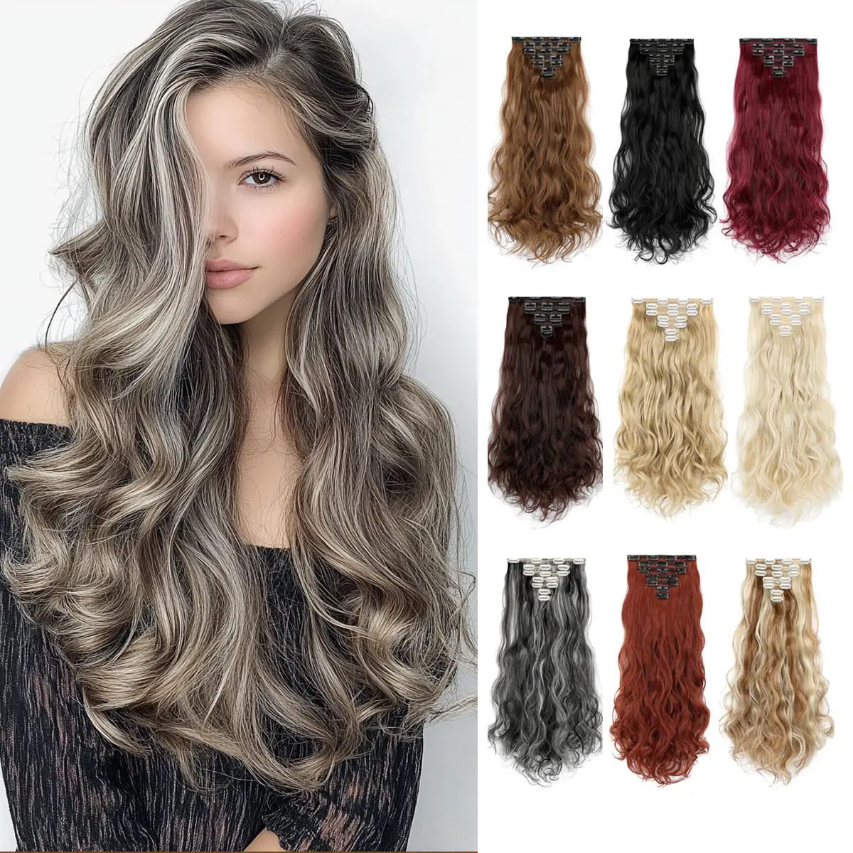 Cephemer Clip-in Synthetic Hair Extensions 24inches Curly Wavy 7PCS Thick Natural Layered Light Weight Hairpieces for Women All Day Comfort for Daily Party Black Friday & Christmas