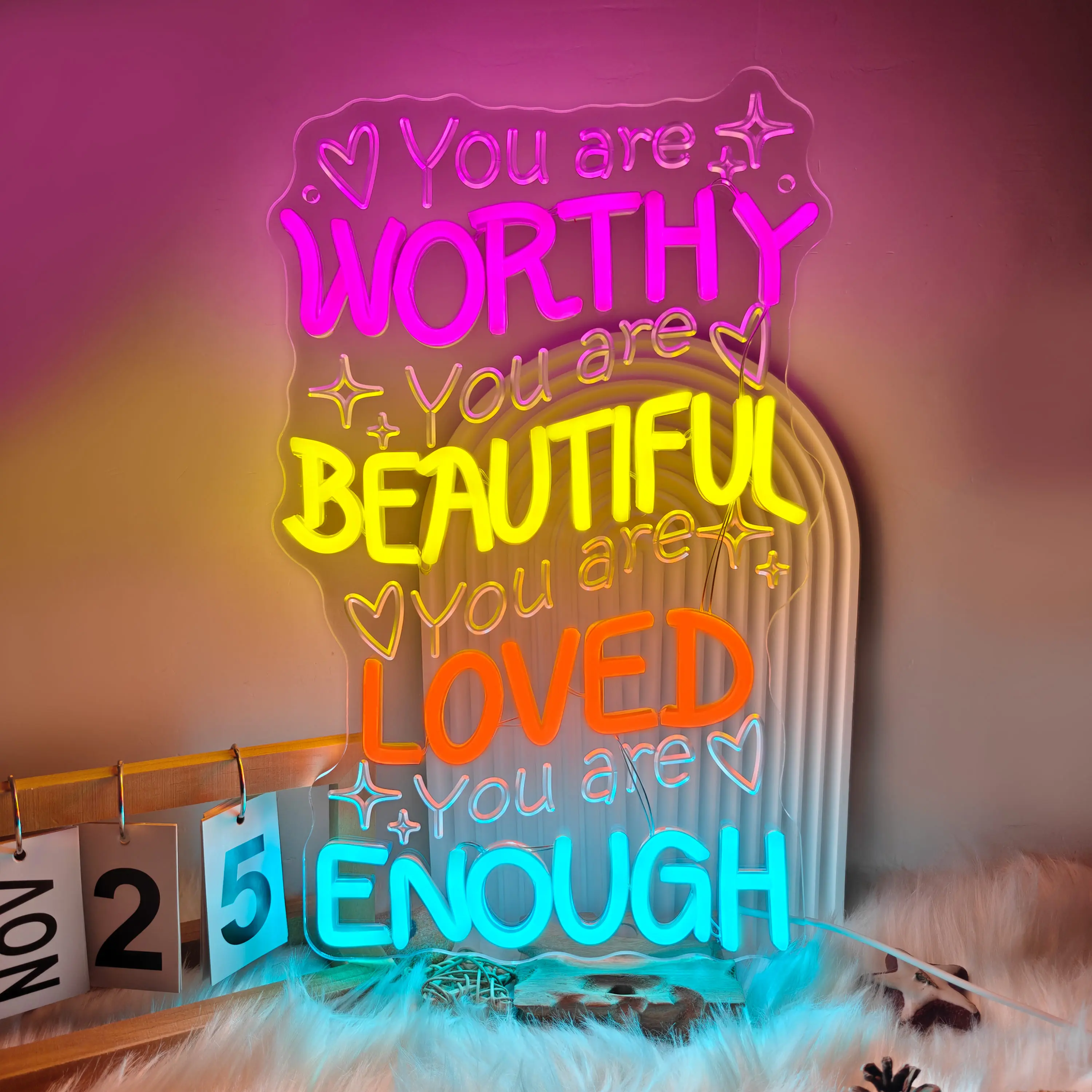 You Are Worthy Neon Sign LED Wall Decoration Encouragement Slogans for Christmas & Birthday Gifts Night Light Suitable for Self or Friends