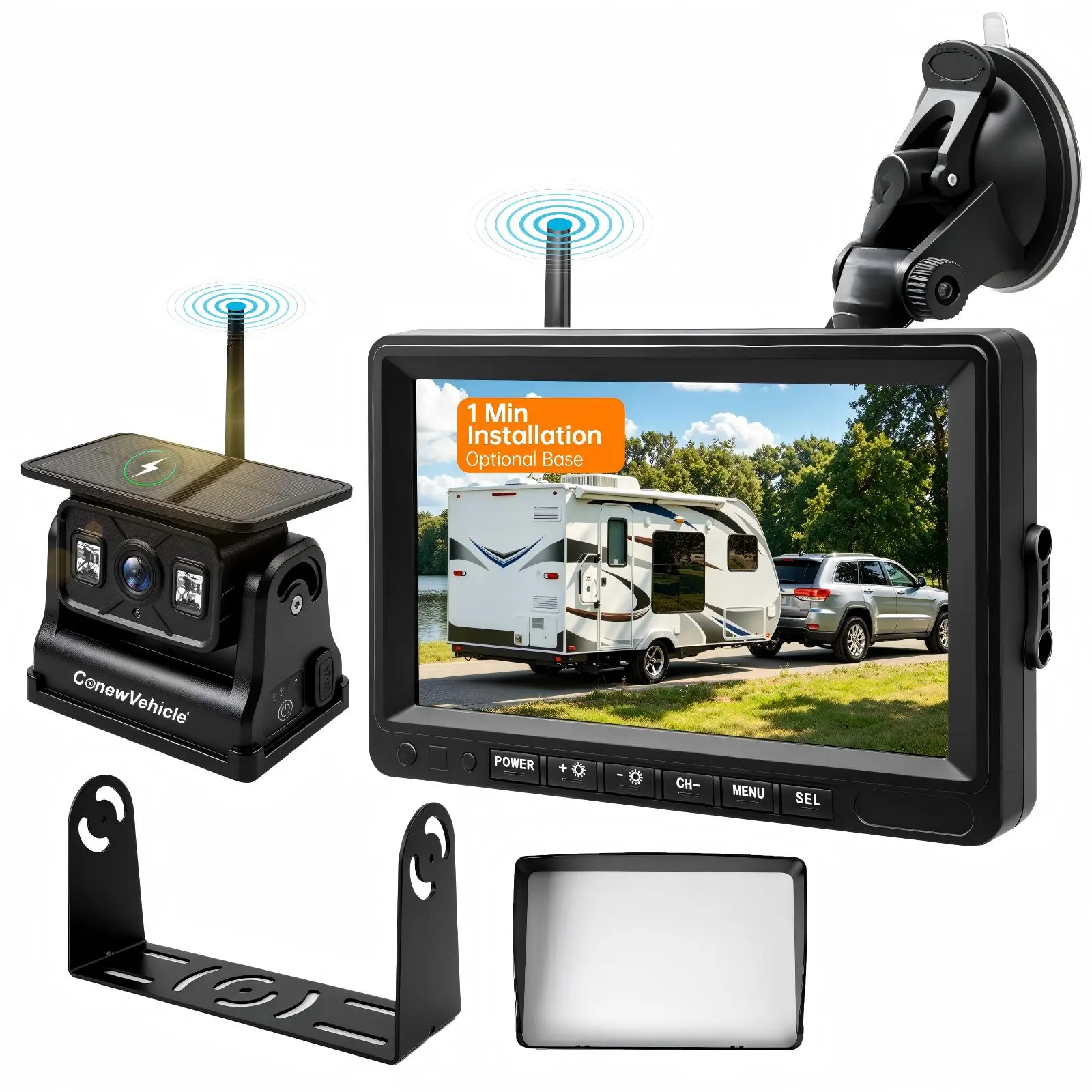 ConewVehicle Wireless Backup Camera System, Solar-Powered 9600mAh Battery, No-Drill Magnetic Snap-On Mount, 7" Anti-Glare Touchscreen, 328ft Open Area Range, 1080P Night View, IP68 Housing, Adjustable Angle, Dual Base, Type-C Quick Charge for RV, Truck