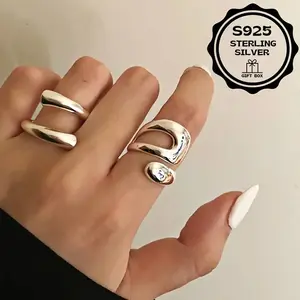 Vintage High-Polished Sterling Silver Ring |   Abstract Geometric Hollow Design |   Adjustable Statement Ring for Women, Chic Retro Jewelry for Daily Wear & Gifting.