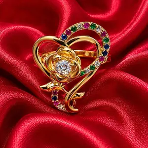 14K Gold Plated Adjustable Rotating Flower Heart Ring with Color Crystals
