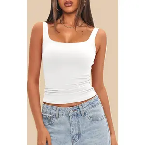 Women’s Square Neck Tank Top with Built-in Bra – Padded Double Layer Sleeveless Shirt Summer Casual Basics