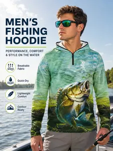 Bait Lure Fish Print Fishing Hoodie, Athletic Hoodie, Half-Zip Pullover, Outdoor Cycling Sport Top, Outdoor Sportswear, Loose Fit, Spring Summer Fall, Graphic Sweatshirt